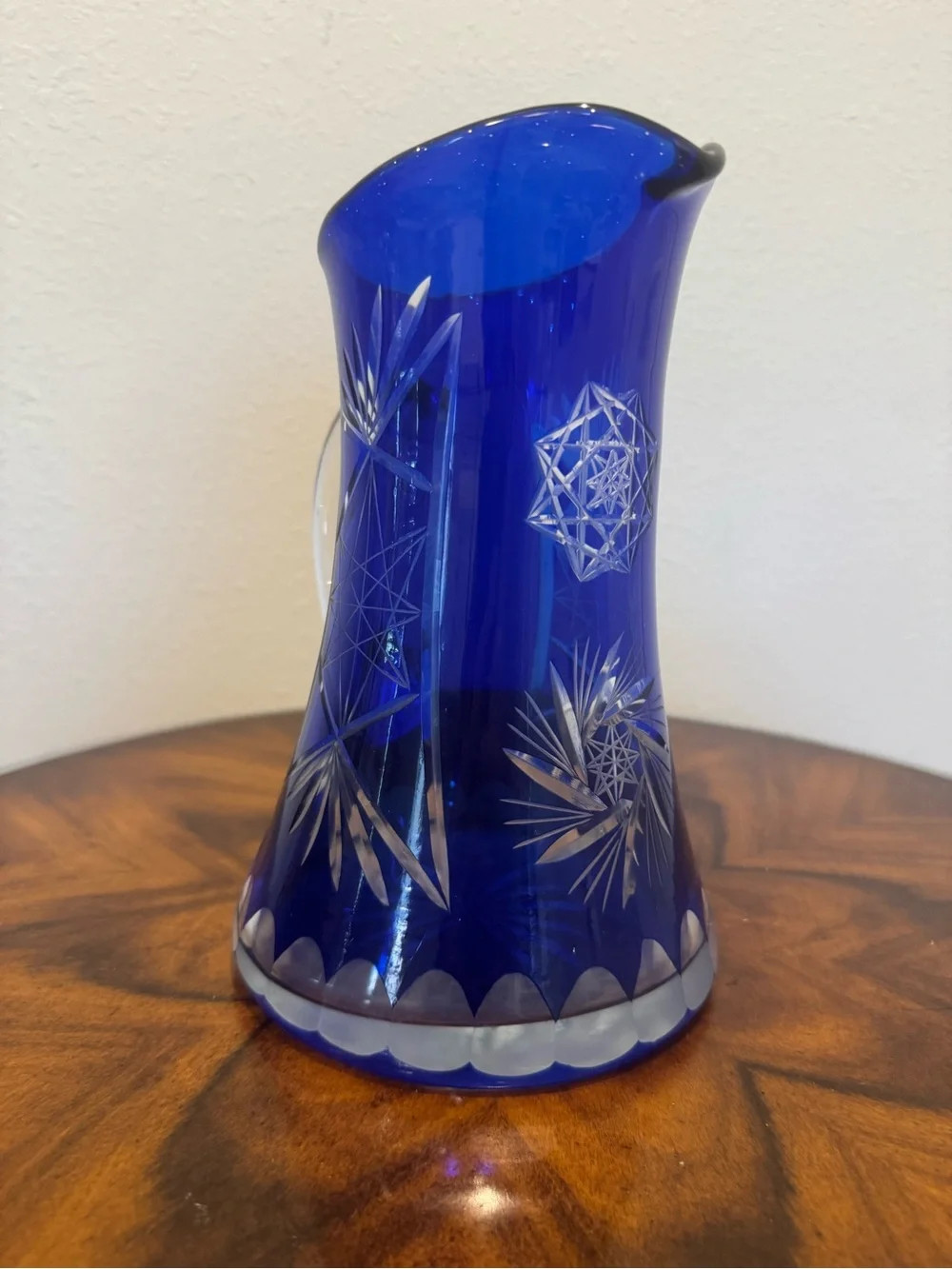 Mid-Century Cobalt Cut To Clear Glass Pitcher 9”